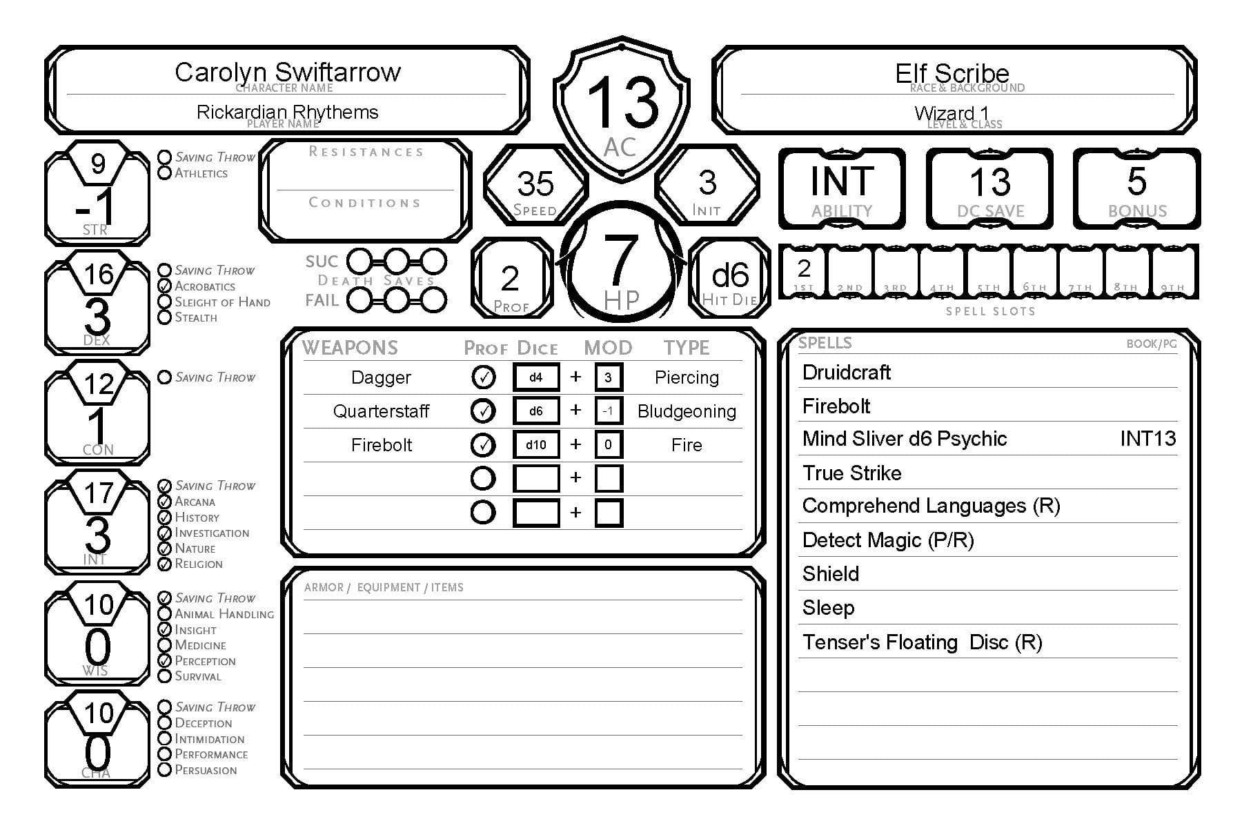 Image of a character sheet for an Elf Wizard
